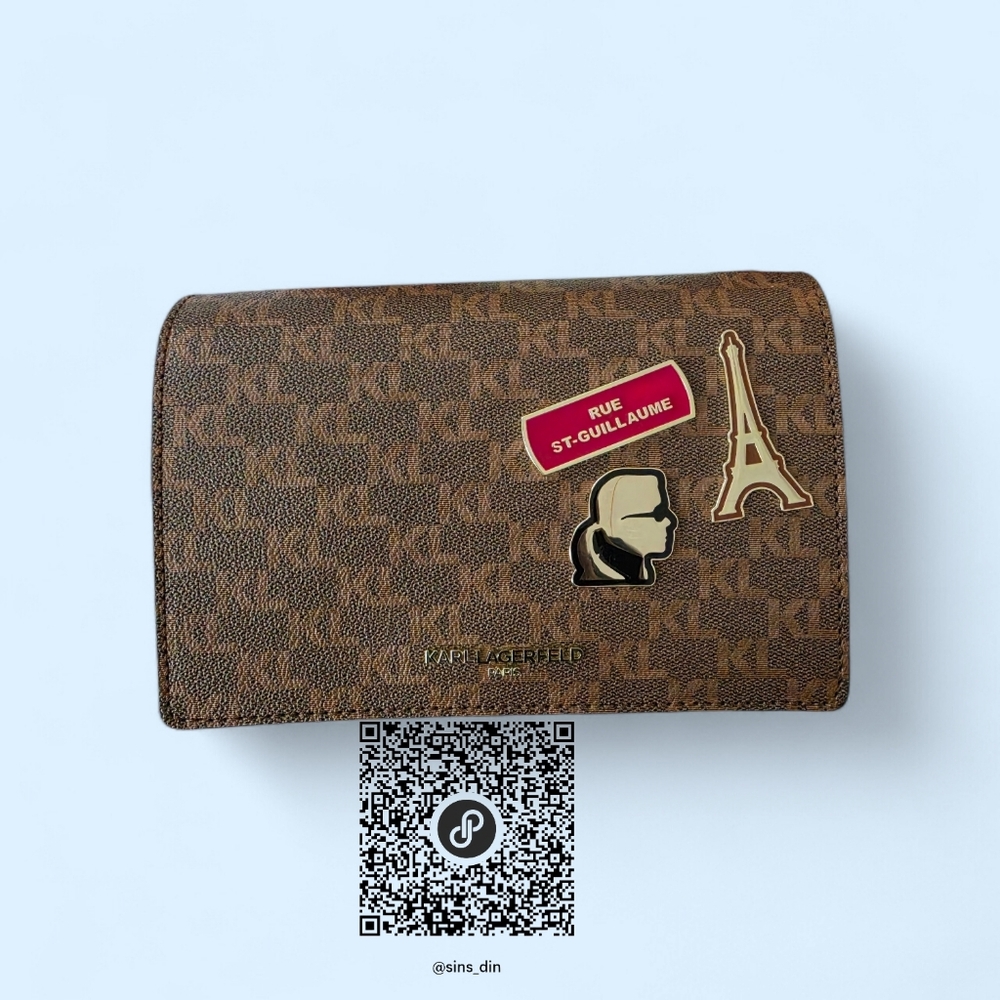 Karl Lagerfeld Brown Monogram Cross Body with Gold Accents